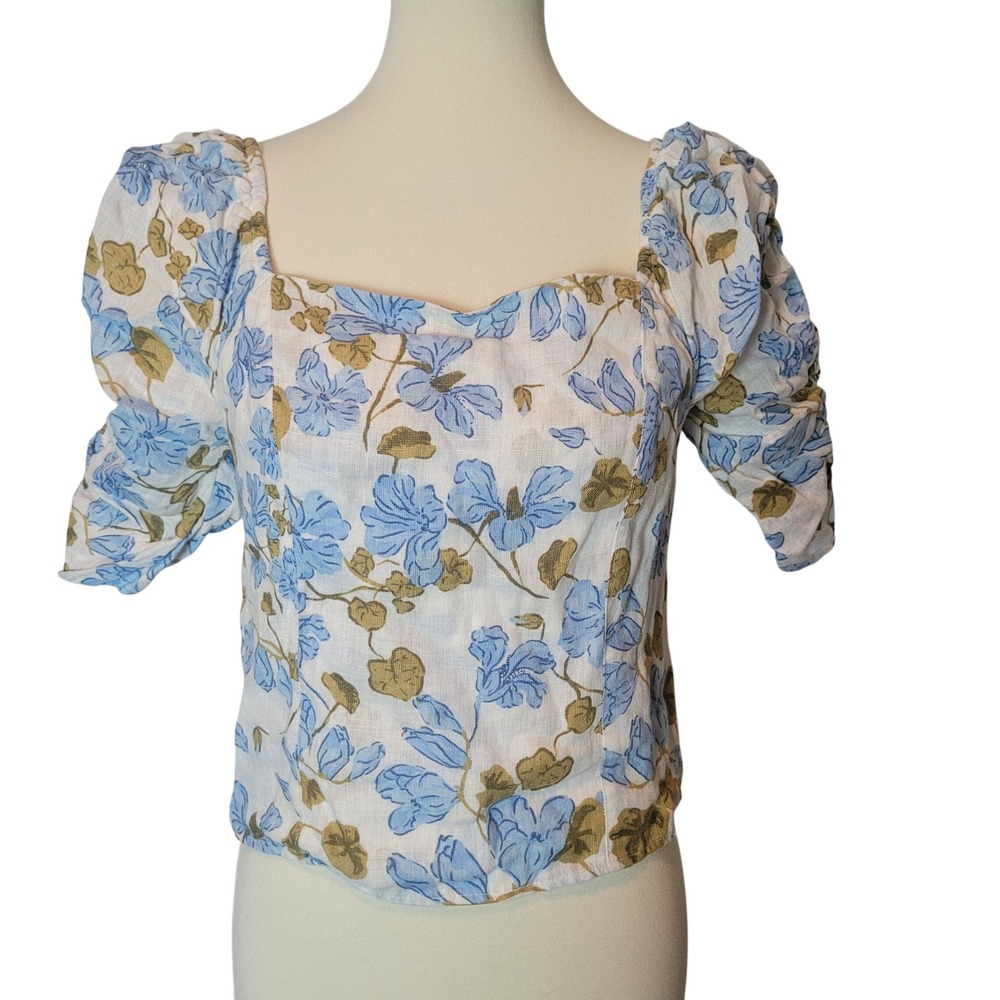 Joie Blue Floral Linen Smocked Back Ruched Sleeve Top Large Coquette Milkmaid